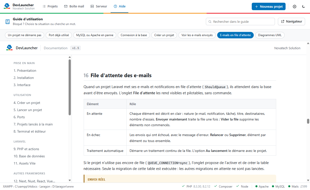 Guide d'utilisation intégré à DevLauncher