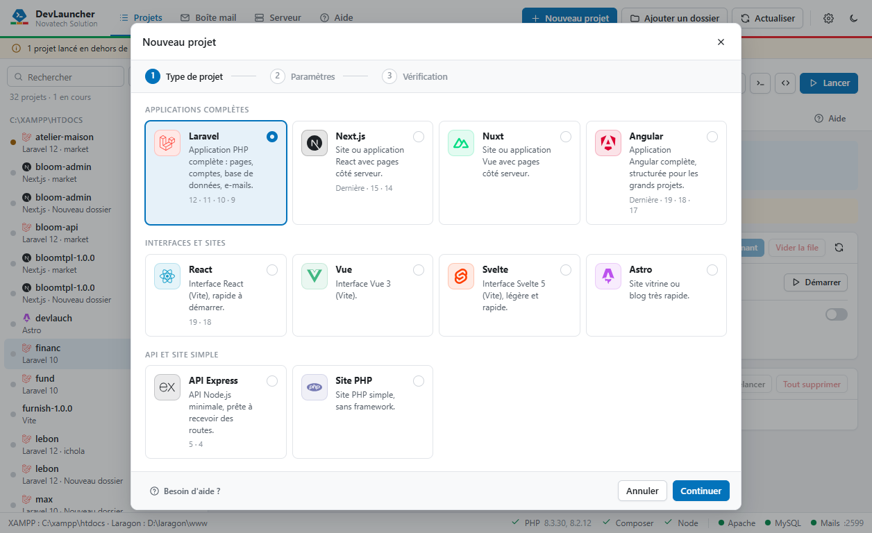 Assistant de création d'un nouveau projet avec les logos des frameworks