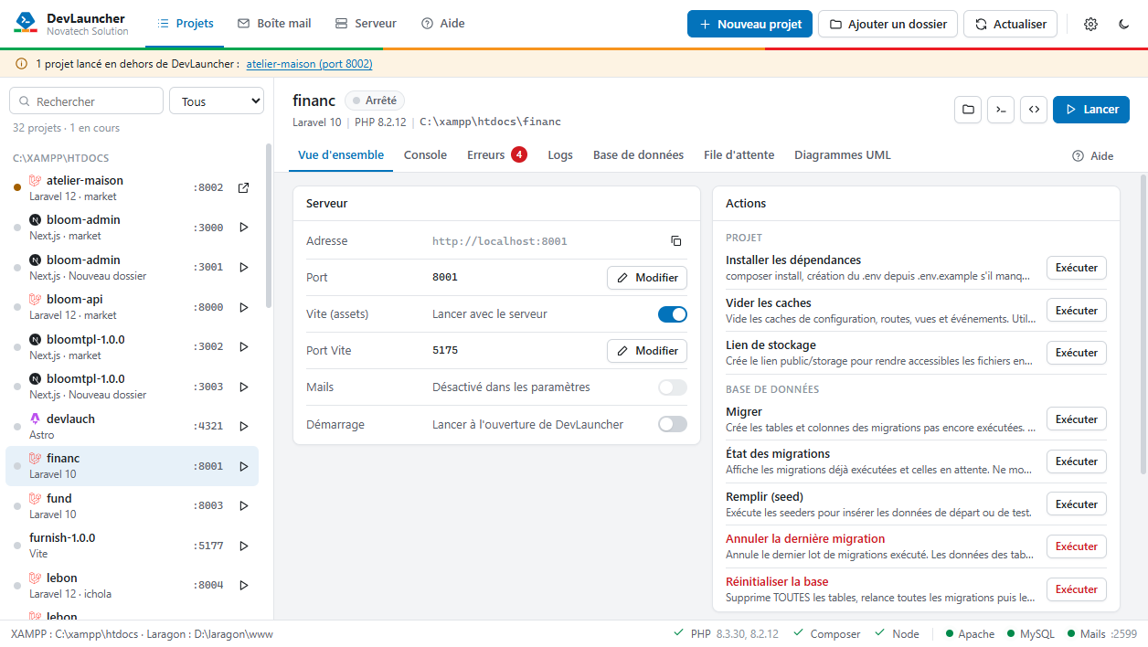 Fenêtre de DevLauncher : liste des projets détectés avec leur framework, leur port et leur état